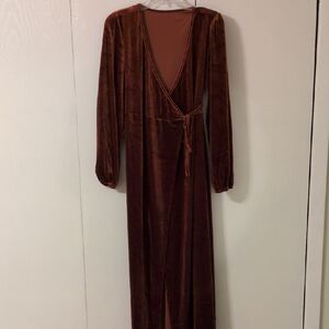 SHEIN Rust Brown Velvet Long Sleeve Wrap Maxi Dress